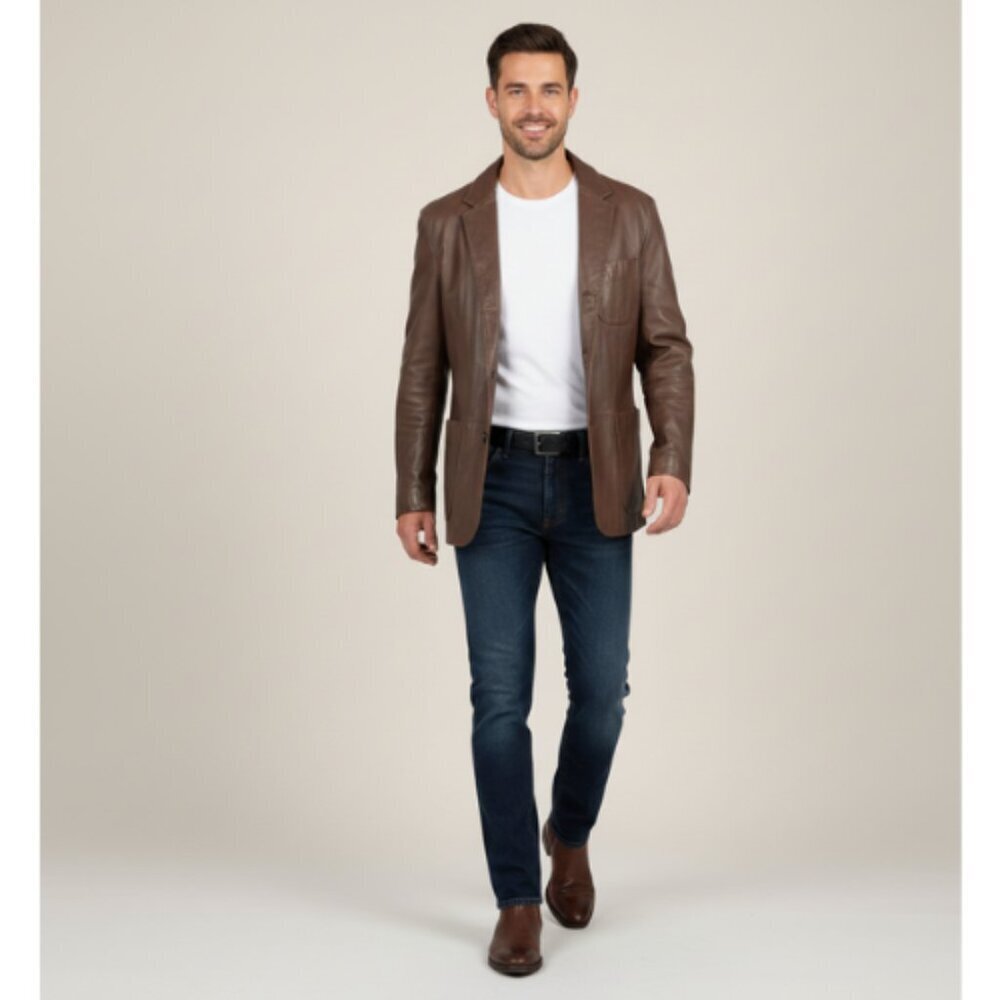 Hugo Boss Mens 50 Laslo Goatskin Patch Pockets Brown Blazer Leather Jacket